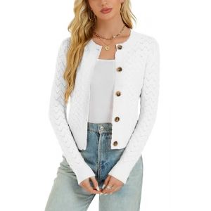 Bol&eacute;ro Femme Cardigan Court &Eacute;vid&eacute;e Gilet Veste Tricot Bouton Manches Longues pour Robe T Shirt Bretelle Chic El&eacute;gante Soir&eacute;e F&ecirc;te D&eacute;contract&eacute; R&eacute;tro Blanc S (Enjyam, neuf)