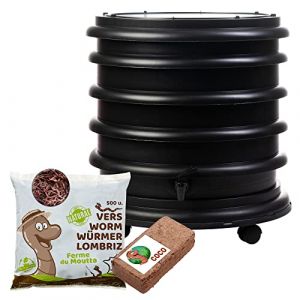 WormBox | Lombricomposteur 3 Plateaux Noir + 250gr de vers de Compost + 1 Bloc Coco | 48 litres | Compostez Vos déchets organiques, Les vers de Terre/lombrics produisent du lombricompost (Ferme du Moutta, neuf)