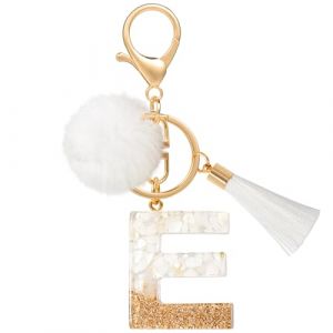 MWOOT E Porte Clé Lettre Peluche Tassel, Or Blanc Initial Résine Keychain Personnalisé, Porte Clef Lettre Pendentif Décoratif, Kawaii Porte Clef Voiture Charm, Idee Cadeau D'Anniversaire pour Femme(E) (vetpw, neuf)