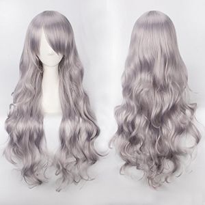 Perruque pour vêtements assortis, déguisement, mascarade, cos, perruque couleur anime, bouton, filet, fil haute température, universel, 80 cm de long, cheveux bouclés, couleur : K027-30 (80 cm, gris (good stuff A, neuf)
