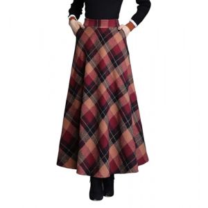 RIZ-ZOAWD Jupe Longue Femme Hiver &Eacute;l&eacute;gant Taille Haute Laine Carreaux Maxi Skirts Casual A-Ligne Jupe pliss&eacute;e Rouge-XXXL (Lacus-UK, neuf)