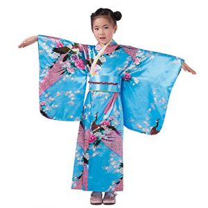 Kimono Japonais Enfant, Robe Yukata Japonaise Kimono Enfant Imprim&eacute; Peignoir Long Robe Chinoise de Chambre Fille Gamins Traditionnel Classique V&ecirc;tements Soie Tissu Peignoir (01 Sky Blue, 4-5 Years) (Qersh, neuf)