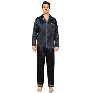 RuanMM Ensemble Pyjama en Satin Soyeux pour Homme, Haut à Manches Longues et Pantalon Long, vêtements de Nuit Soyeux pour Homme?Noir-L? (Shanghai PinShan Industrial Co., Ltd., neuf)