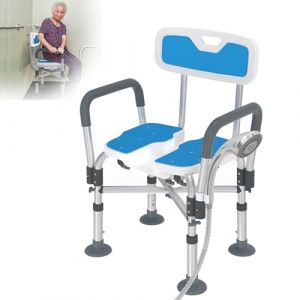 XMTECH Chaise de douche, tabouret de bain avec d&eacute;coupe hygi&eacute;nique, chaise de douche pour personnes &acirc;g&eacute;es, si&egrave;ge de douche avec accoudoirs et dossier, chaise de bain r&eacute;glable en hauteur, jusqu'&agrave; 200 kg (HEZEE, neuf)