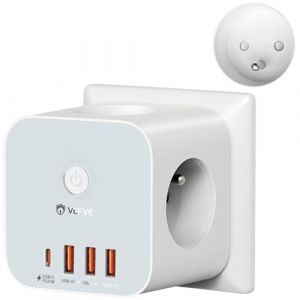 VEFVE Cube Multiprise Murale avec USB C 20W, Bloc 7-en-1 avec 3 Prises Secteur, 4 Ports USB (1 USB-C + 3 USB-A), Chargeur Rapide, Interrupteur, 3680W – pour Maison, Bureau, Téléphone (VEFVE EU, neuf)