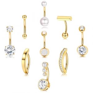 Morfetto Lot de 9 Piercings Nombril Acier Chirurgical Piercing Nombril Anneau 14G CZ Perle Clicker Percing au Nombril Or Argenté Ventre Piercing Nombril Bijoux pour Femmes Or 10mm (Morfetto Jewelry, neuf)