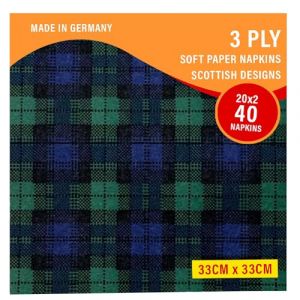 Lot de 40 grandes serviettes en papier doux 3 plis - 33 x 33 cm - Motif tartan écossais - Noël, dîner, fête - Motif montre noire (Glasgow Kilt Company, neuf)