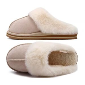 KuaiLu Chausson Femme Hiver Peluche Fourrure Chaud Pantoufles Fausse Fourrure Doublure Charentaise Confort Voute Plantaire Memory Foam Slippers Antidérapant Semelle Sans talon Beige 39 (KUAILU-XYL, neuf)
