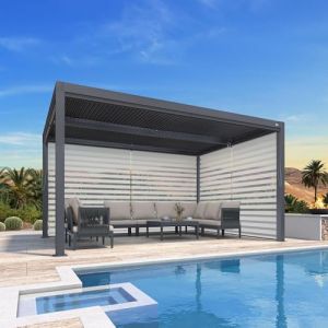 PURPLE LEAF Pergola Bioclimatique 4,24 x 3 m Pergola Aluminium avec Stores Enrouleurs des Deux C&ocirc;t&eacute;s Tonnelle de Jardin Lames Orientables Pergolas Jardin Ext&eacute;rieur, 1 C&ocirc;t&eacute; Long et 1 C&ocirc;t&eacute; Court, Gris (PURPLE LEAF, neuf)