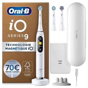 Oral-B iO 9 Brosse A Dents Electrique Blanche Pour Adultes, 7 Modes De Brossage Avec Blancheur, Soin Des Gencives, 16 Zones De Nettoyage, 3 Brossettes De Rechange Oral B, Chargeur, Etui De Voyage (RVshop, neuf)