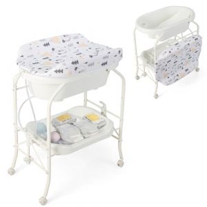 LIFEZEAL 2-en-1 Table à Langer & Baignoire Pliable Bebe, Commode à Langer Bébé avec Panier de Rangement, Roues Universelles, Charge de 35 kg, 0-12 mois (Blanc) (LIFEZEAL ITALY S.R.L., neuf)