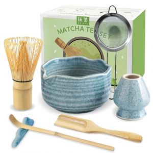 JBER Matcha Kit 7 Pi&egrave;ces - Fouet en Bambou pour Matcha, Bol &agrave; Matcha &agrave; Buse, Support pour Fouet, Tamis &agrave; Matcha, Cuiller et Support, Kit de Th&eacute; Japonais pour Amoureux du Matcha - Bleu (Yicai Acoustic, neuf)