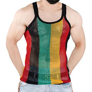 Gilet Rasta Coton en résille rayé Noir Rouge Vert, Jaune Gilet Haut de Sport Chemise ajustée Maillot de Corps de Sport débardeur de Plage Respirant (Clossy, neuf)
