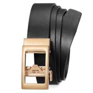 LEACOOLKEY Ceinture automatique &agrave; cliquet en cuir pour femme - R&eacute;glable - Sans trous - Pour jeans - Avec boucle coulissante dor&eacute;e - Largeur : 3 cm, Noir , XL Passt Taillengr&ouml;&szlig;e 101-117 cm (LEACOOLKEY, neuf)