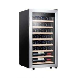 Kalamera Réfrigérateur à vin, 28 bouteilles 86 litres, panneau de contrôle tactile, porte en verre en acier inoxydable, zone de refroidissement 5-18°C, étagères en bois amovibles, KRC-86FCSS-W (RenHeng products, neuf)