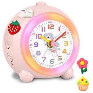 SOCICO R&eacute;veil analogique pour enfants filles, design licorne, silencieux, sans tic-tac, mignon r&eacute;veil en forme de p&ecirc;che analogique, avec lumi&egrave;re color&eacute;e, volume r&eacute;glable (rose p&acirc;le) (HongDa EU, neuf)