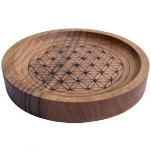 Trintura Soucoupe fleur de vie en bois de manguier &Oslash; 12 cm &ndash; Plaque d'&eacute;nergie et dessous de verre &ndash; Fait &agrave; la main &ndash; Grain de bois naturel grav&eacute; au laser &ndash; D&eacute;coration spirituelle et id&eacute;e cadeau (Trintura, neuf)