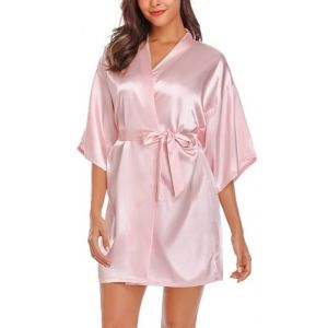 Wikoan Peignoir de Bain Satin Femme Kimono Nuit Robe de Chambre Bride Sortie de Bain Mariage Peignoirs Bridesmaid Kimono avec Ceinture Rose XXL (Wikoan Direct, neuf)