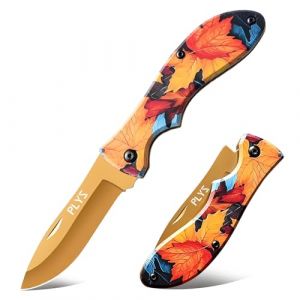 Plys Couteau pliant doré, couteau de poche pour randonnée en plein air, couteau de survie, couteau pliant Portable, motif feuille d'érable jaune (ChuangMuGongFang, neuf)