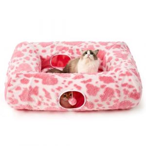 COZY KISS Tunnel pour Chat Intérieur, Carré Tunnel avec Lit, Grand Tunnel pour Chat avec Deux Entrées, Peluche Douce, Cachette Chatons Lapins Chiots (Rose & Blanc, 95 * 70 * 29) (Little Spud, neuf)