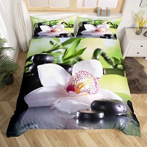 Pierre Zen Parure de Lit 220x240cm White Phalaenopsis Print Housse de Couette Meditation Parure Housse de Couette Tranquil Nature Ouvrages d'art BedD&eacute;cor de Chambre 3 pi&egrave;ces (Bofanshangmao, neuf)