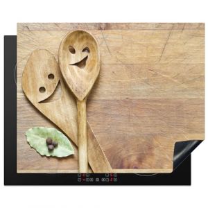 KitchenYeah© Protection Plaque Induction 65x52 cm Protege Deco Cuisine Cache Protège De Cuisson Accessoire Bois - Cuillères - Marron - Smiley (KitchenYeah, neuf)