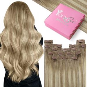 YoungSee Extension Cheveux Naturel Clip Balayage Extension a Clip Cheveux Naturel 50 cm Extension Clip Vrai Cheveux Extension a Clip Cheveux Humain Brun Fonce avec Blond Cendre 120g #8/60/8 (YoungSee Europe, neuf)
