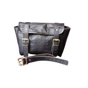 american blue Sacoche de moto vintage en cuir de chèvre véritable, avec fermeture à boucle à 2 sangles, sac à outils marron à dégagement rapide, renforcé, pour guidon, fourche (noir classique) (American blue, neuf)
