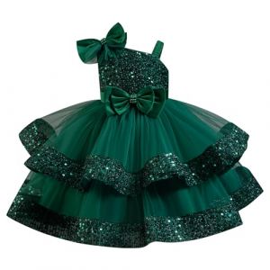 IDOPIP Enfant Fille Robe De Soir&eacute;e Sequins Bowknots Tulle sans Manches Anniversaire Noeud Papillon Robe pour La F&ecirc;te Vert 120cm (BXH, neuf)