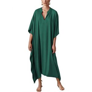 Bsubseach Robe de Plage Femme Soyeux Caftan Manches Chauve-Souris Djellaba Boubou Par&eacute;os V Cou Kaftan Maxi Robe D'&eacute;t&eacute; Tunique Boh&egrave;me Beachwear Vert Fonc&eacute; (Bsubseach-EU, neuf)