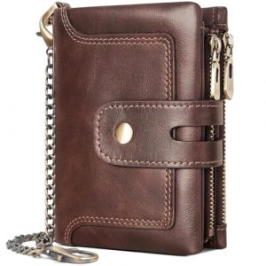 REETEE Portefeuille Homme en Cuir Véritable Blocage RFID Petit Porte Feuille Homme avec Chaîne, Bifold Porte Monnaie Homme 15 Porte Carte Crédit et 2 Poche Zippée, avec Boîte Cadeau (A-café) (REETEE, neuf)