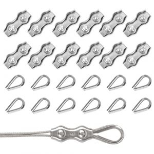 Rybtd Duplex Clips Serre-C&acirc;bles 24 Pi&egrave;ces M3 Duplex Clips avec M3 Cosse Coeur，304 Serre Cable Acier 3mm Pinces Duplex pour Cable Acier 2mm，Serre Cable pour Auvent Tendeur de Corde &agrave; Linge Fixe (HaDeHao, neuf)