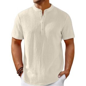 WINKEEY Chemise Homme Henley à Manches Courtes T-Shirt Homme Tunisien Tee Shirt d'été Décontracté, Beige L (WINKEEY, neuf)