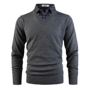 KTWOLEN Pull Homme avec Faux col de Chemise Automne Hiver Pull col Chemise &agrave; Manches Longues Pull en Tricot avec col en V, Charbon, L (KTWOLEN, neuf)
