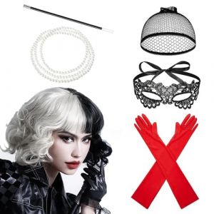 Hojalis Cruella Costume Halloween, Cruella Perruque Courte Noire Blanche avec Dentelle Masque Gants Set de Colliers, Femmes Noir Blanc Cosplay Perruques, Costume 70s Accessoires, Halloween Carnaval (SKDZ, neuf)