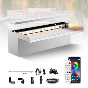 Longrun Kit de Lame de Cascade de Bassin de 30 cm, Cascade en Acier Inoxydable 304 avec Éclairage Bluetooth LED 7 Couleurs et Télécommande, Largeur 15 cm (QIHANGDIANZI, neuf)