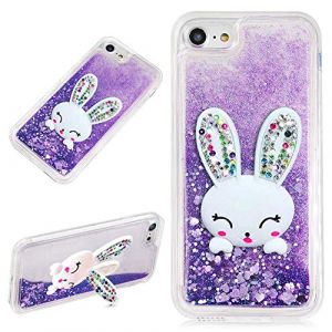Coque pour iPhone 6 Plus 6S Plus Oreille Lapin avec Liquide Paillette Violet Brillant Flottant Sable Mouvant Bling Mignon 3D Rabbit Bunny Support Stand Crystal Silicone Etui Case pour Femme Fille (LCHDA-EU, neuf)