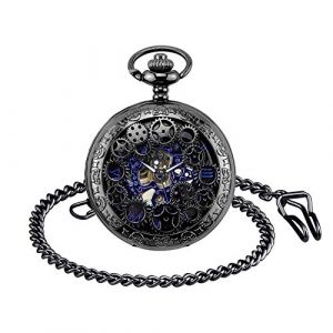 Unendlich U Montre de Poche m&eacute;canique Homme, Montre de Poche Vintage, Steampunk Gears S&eacute;ries Squelette Cadran en Chiffres Romains, Bo&icirc;tier d'acier Inoxydable Noir, pour Homme Femme (MicLee, neuf)