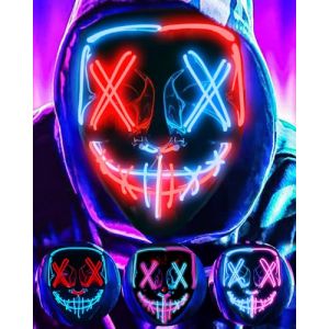 DWTECH Masque d'Halloween à LED– Masques lumineux à LED avec fil électroluminescent pour bal masqué, cosplay, masque lumineux pour enfants, hommes, femmes, Halloween, festival, fête (Bleu et Rouge B) (woooap, neuf)