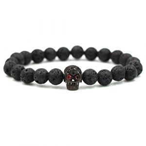 Joielavie Bracelet Tête de Mort Crâne Yeux Rouge Diamant Simulé Zircon Pierre Volcanique Boule Perle Lava Élastique Chaîne de Main Bijoux Punk Rock Couple Amour Cadeau Homme Femme - Noir (Joielavie, neuf)
