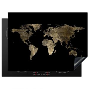 KitchenYeah&copy; Prot&egrave;ge Plaque Induction 70x52 cm Deco Cuisine Accessoire Pratique Protection De Vitroceramique Kitchen Gadget Carte - Monde - Or - Noir (KitchenYeah, neuf)