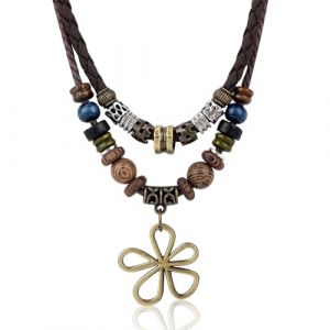 Mikovivi Collier de Perles en Bois Boh&egrave;me Superpos&eacute;es, Collier Pendentif Fleur Creuse Boh&egrave;me Hippie Accessoires Bijoux de Style Tribal Ethnique Vintage pour Femmes et Hommes (funysion, neuf)