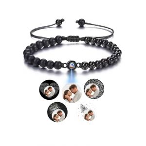 Jovivi Bracelet Photo Projection Personnalis&eacute; Rond 6mm Perle Pierre Naturelle Image &agrave; l'Int&eacute;rieur Projet&eacute; Bracelet R&eacute;glable M&eacute;moire pour Homme Femme Couple BFF (Agate Noir+H&eacute;matite) (kaenmis, neuf)