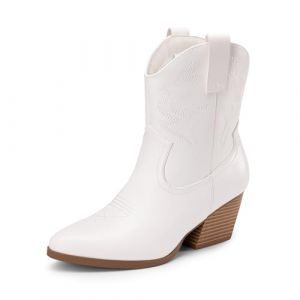 DREAM PAIRS Bottes Femme Western Courtes à Talon Bloc Bas Bout Pointu Bottines Cowboy Cowgirl Brodées Mode pour Automne Hiver,Size 41,Blanc,DWUMAB2504 (dreampairsEU, neuf)