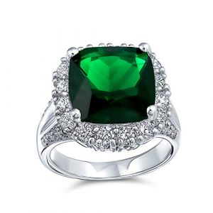Grande Bague De Déclaration De Cocktail De Style Art Déco Vintage En Zircone Cubique AAA Avec Une Émeraude Simulée Taillée En Coussin CZ Pavée De 7 Carats Pour Femmes Plaquée Argent Personnalisable (Bling Jewelry, neuf)