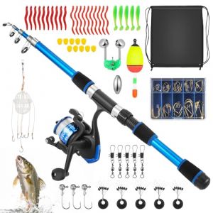 Starvortex Canne a Peche Enfant, Kit de Canne a Peche Telescopique et Moulinet Portable, Canne &agrave; P&ecirc;che avec Leurres Souples, Fil, Hame&ccedil;ons et Sac de Rangement, Jouet Exterieur Enfant pour D&eacute;butants (Starvortex EU, neuf)