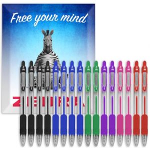 Zebra Pen Z-Grip Lot de 16 stylos &agrave; bille r&eacute;tractables &agrave; pointe de 1 mm dans un coffret cadeau en carton pour l'&eacute;cole, l'&eacute;criture, le travail, le bureau (assortis) (OMGHC., neuf)