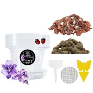 LiveLaif® Kit de Transplantation d'orchidées : 1 Pot (Crochets et Assiette) + substrat écorce de pin sélecte (avec Perlite et Vermiculite), Argile expansée + Filet + étiquette (Ø20-Transparent) (LiveLaif, neuf)