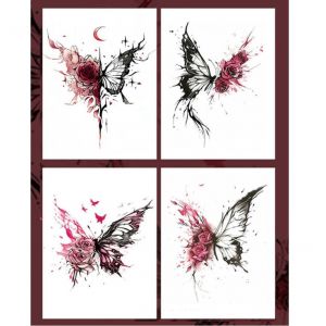 Tatouage Ephemere Tatouages Temporaires 4 Pièces D'Encre De Papillon Rose De Lune De Style Chinois Couleur Imperméable À L'Eau Femelle Longue Durée Poitrine Petite Autocollants Faux Tatouage (ZhouKouShiXinRuiJianSheGongChengYouXianGongSi, neuf)