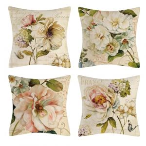 Vgzsyomqib Fleurs Beige Rétro Housse Coussin en Lin Lot de 4 Décoratif Fleuri Vintage Housses Coussin 45x45 Motif Nature Printemps Taie Oreiller Deco Interieur Lit Canapé Salon Exterieur (infinisage, neuf)